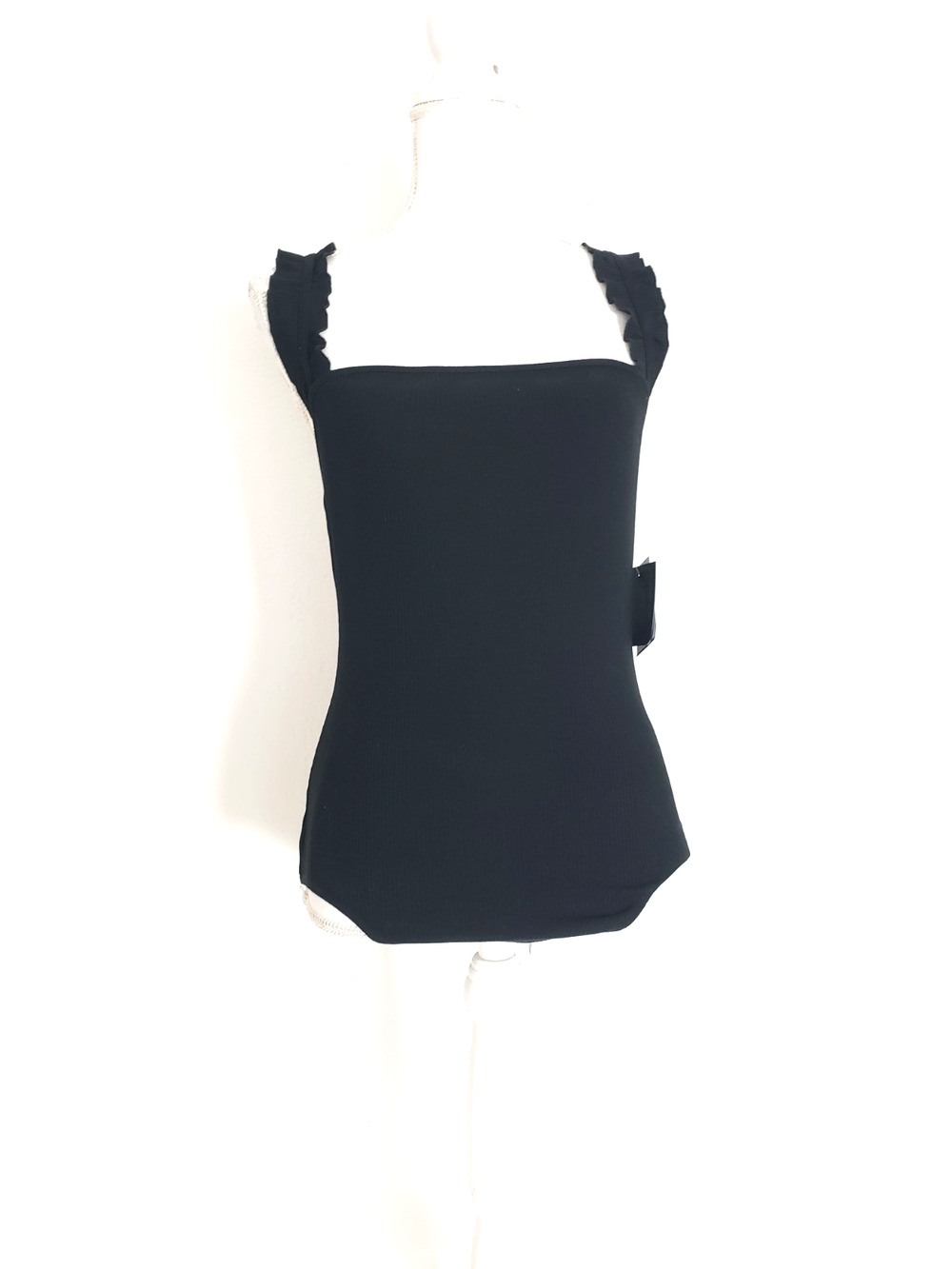 NEW!! Le Lis Women SIZE L Black Ruffle Strap Square Neck Bodysuit Tank Top Lelis